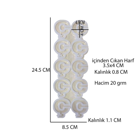 Epoksi Çoklu Silikon Kalıp Ç Harfi ( Düz)  Anahtarlık Reçine Seri Döküm Kalıbı 4 CM 10 Lu